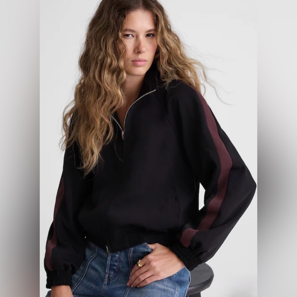 Madewell Zip Front Track Jacket Black with Brown Stripe size Small